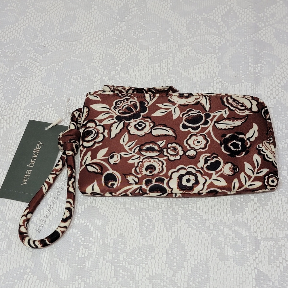 Vera Bradley Brown Black Floral Wristlet Wallet Nylon Zip Pouch 3 Cards Slot NEW